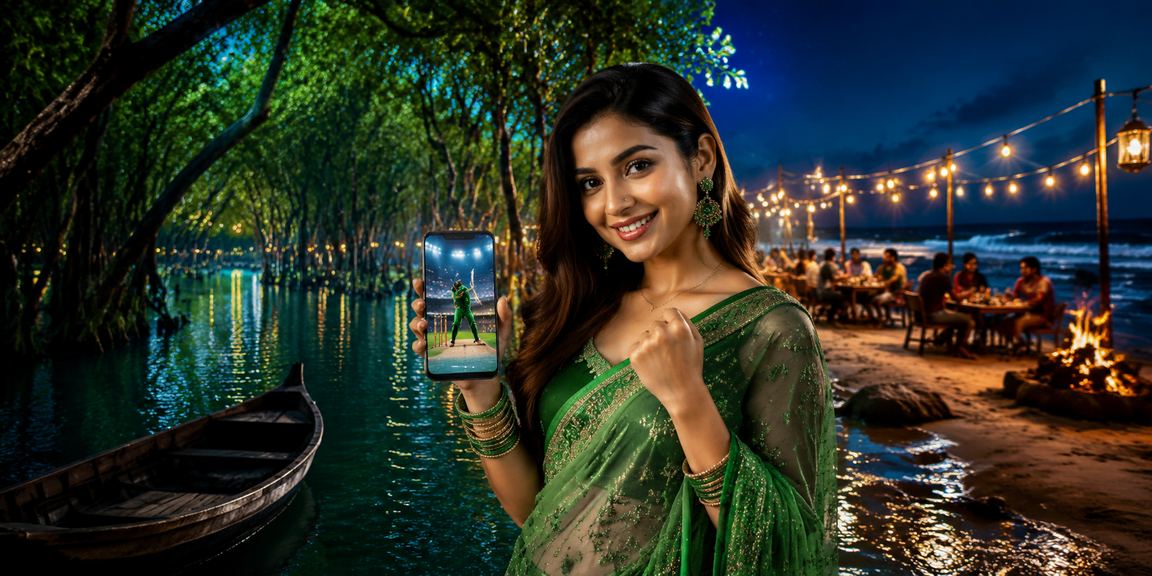 কক্সবাজারে শাড়ি পরা একজন নারী মোবাইলে ক্রিকেট বেটিং উপভোগ করছেন